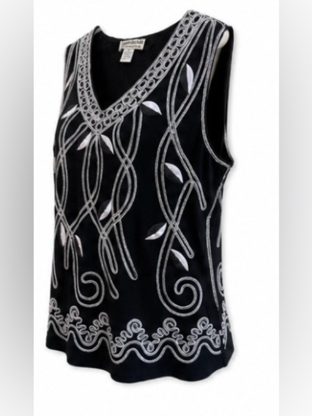 Lauren Michelle Black Silver Embroidered V-Neck Top XL NWT